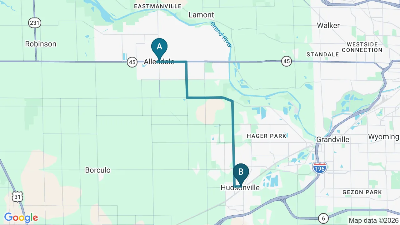 Driving directions map from Allendale, MI to Camel City Chiropractic in Hudsonville