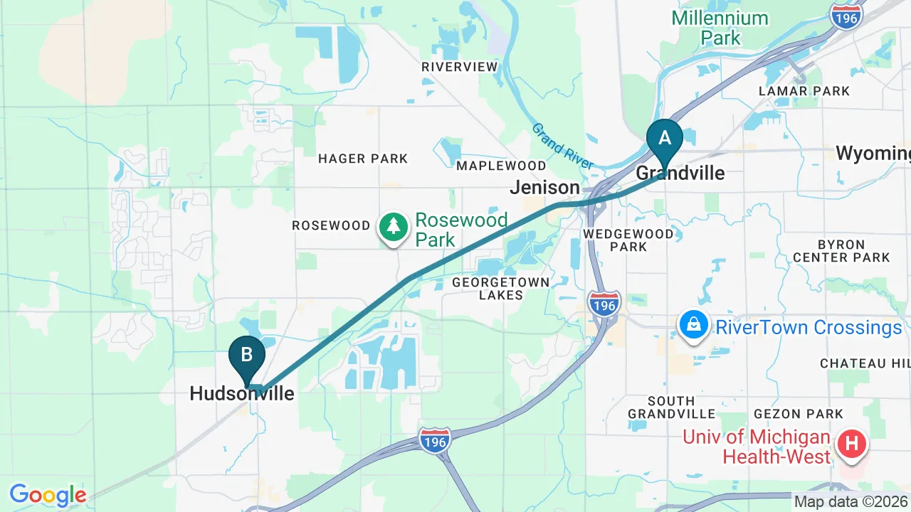Driving directions map from Grandville, MI to Camel City Chiropractic in Hudsonville