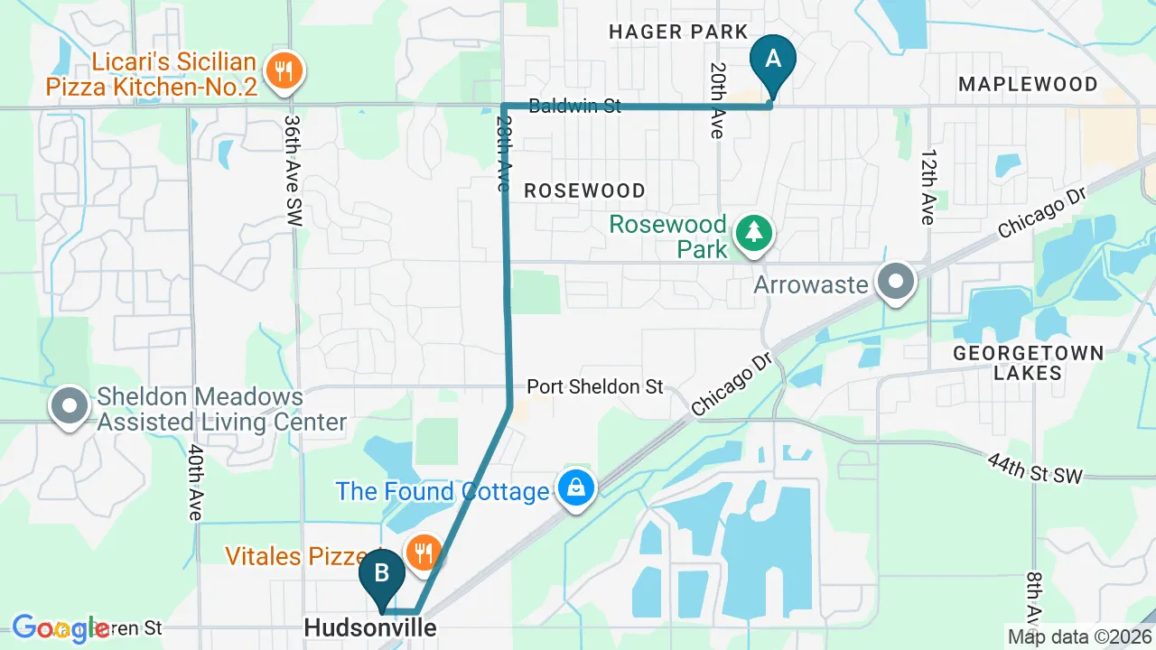 Driving directions map from Jenison, MI to Camel City Chiropractic in Hudsonville