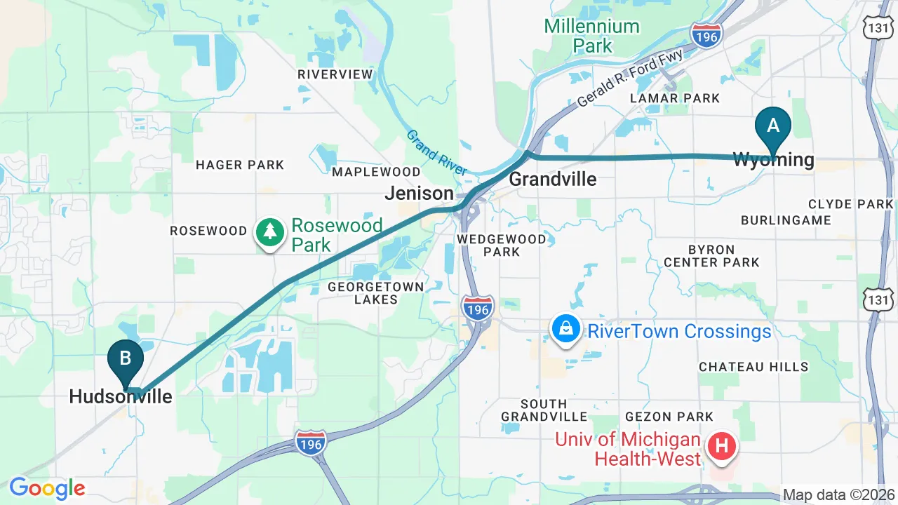 Driving directions map from Wyoming, MI to Camel City Chiropractic in Hudsonville