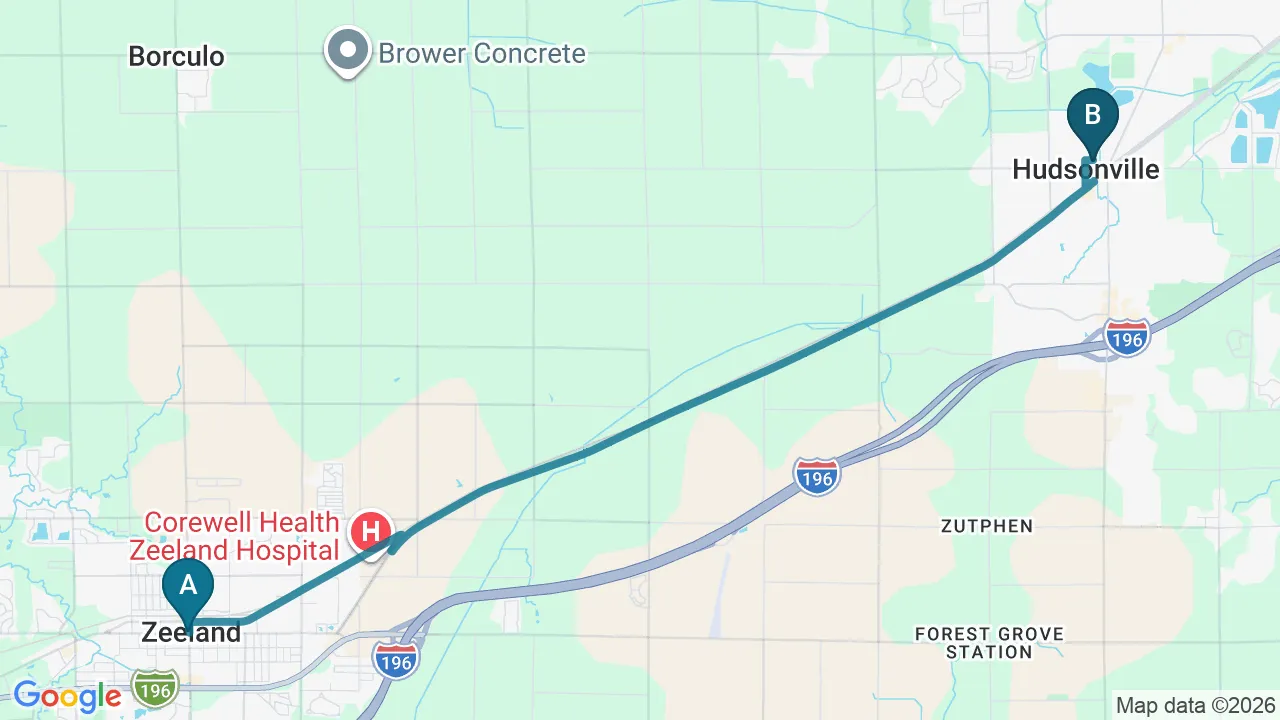 Driving directions map from Zeeland, MI to Camel City Chiropractic in Hudsonville